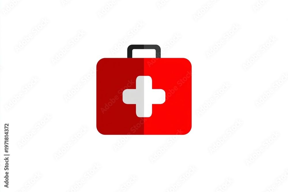 Fototapeta premium Minimalist red medical kit with white cross icon on white background