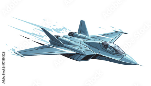Futuristic Jet Fighter Aircraft in Motion, Blue Metallic Design, Speed Lines Effect