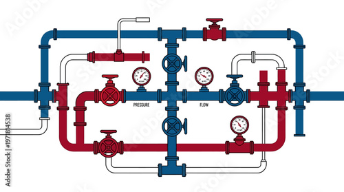 Industrial pipeline system with valves gauges.