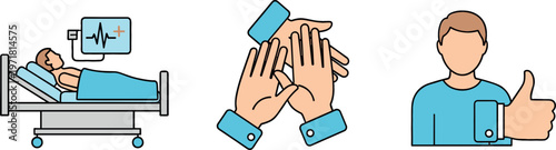 Vector Icons of Hospital Bed, Hand Support, and Patient Recovery Representing Medical Treatment, Healing, and Wellbeing