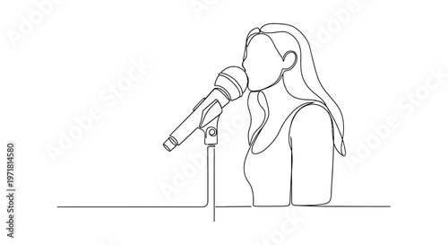 Singer performing on stage with microphone, continuous line art