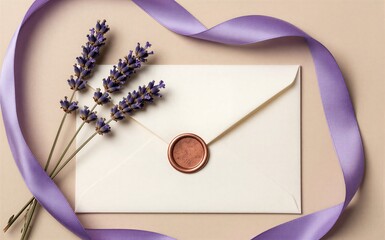 Lavender sprigs and purple ribbon frame a sealed envelope evoking