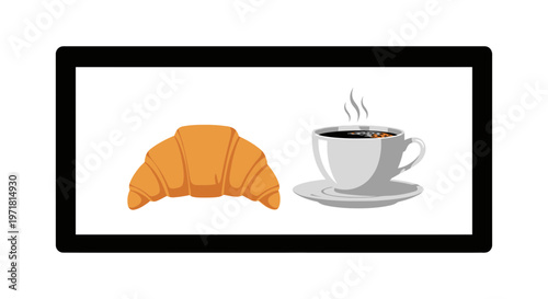 Fresh Croissant and Hot Coffee Cup on Saucer, Breakfast Pastry and Beverage