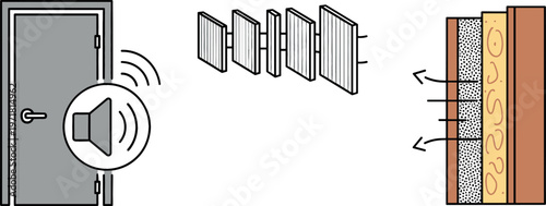 Vector Icons of Soundproof Door, Acoustic Panels, and Insulation for Noise Prevention and Sound Isolation in Buildings