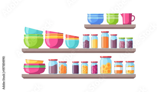 Organized kitchen shelves with colorful bowls jars and food containers flat vector illustration