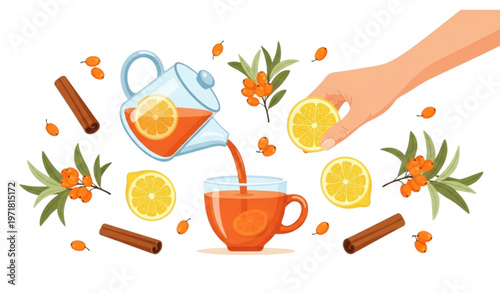 Cozy herbal tea illustration with hand pouring drink and natural ingredients for wellness design