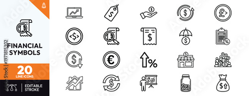 Comprehensive set of finance and money line icons representing business growth currency exchange banking services savings investment strategies insurance protection and market analysis.