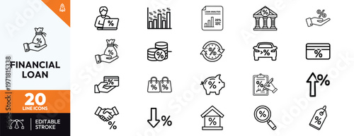 Financial loan line icons set for banking investment credit and mortgage business concepts including money bag interest rates car and house loan icons for mobile app and web design ui