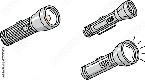 Vector Icons of Flashlights with Bright LED Light for Illumination, Emergency, and Portable Lighting Solutions