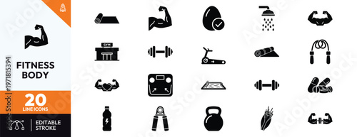 Comprehensive fitness and bodybuilding icon set featuring gym equipment bicep muscles workout gear weightlifting tools protein supplements and healthy lifestyle symbols for creative web design