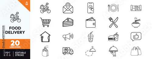 Food delivery line icons set for online ordering mobile app and website UI design featuring courier bicycle restaurant takeout meal tracking and payment options.