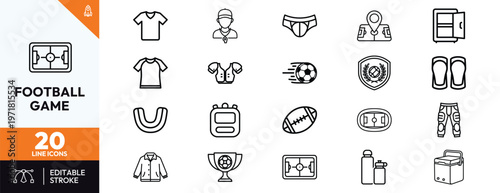 Collection of twenty minimalist line icons representing football and soccer game elements including jerseys, trophies, coaching gear, sports equipment, and stadium layouts for digital design.