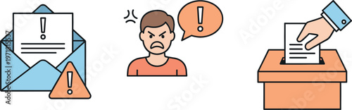 Vector Icons of Alert Email, Angry Person, and Hand with Document Representing Complaints, Communication, and Feedback Submission