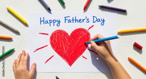 Childs Hand Drawing a Red Heart and Happy Fathers Day Message with Colorful Markers on White Paper.