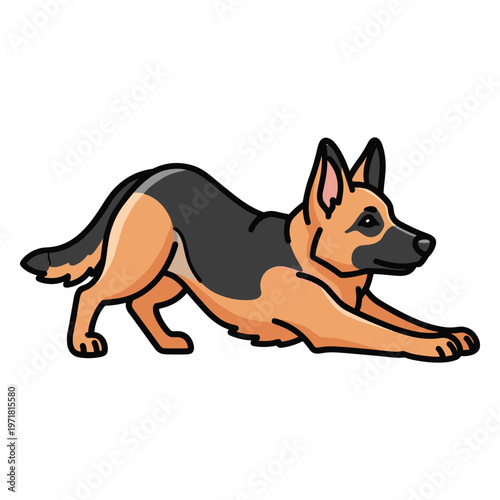 A cartoon german shepherd dog in a play dead position