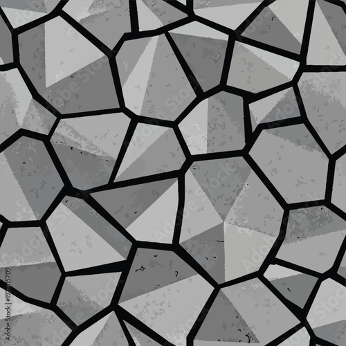 Seamless gray stone wall texture with black grout lines.