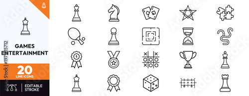 Set of 20 games and entertainment line icons featuring chess pieces, playing cards, trophy, medal, puzzles, and recreational activities for website design, mobile apps, and graphic projects.