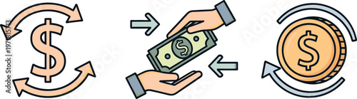 Vector Icons of Currency Exchange, Money Transfer, Hand Holding Cash, and Rotating Coins for Financial Transactions