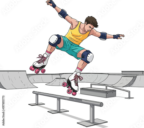 Dynamic vector illustration of a young man roller skating in protective gear performing an extreme trick over a rail in a skate park ideal for active lifestyle and youth culture designs