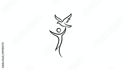 Abstract human figure releasing a dove, symbol of freedom, hope, and peace
