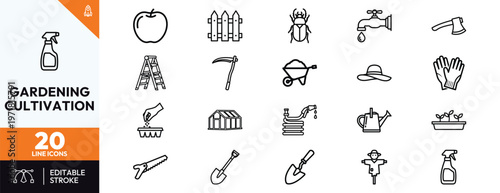 Collection of Gardening and Agriculture Line Icons featuring Farming Tools Planting Equipment Horticulture Symbols Garden Maintenance Graphics and Cultivation Outline Design Elements