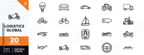 Collection of 20 minimalist line icons representing various modes of global transportation and logistics, including land, air, and sea vehicles for shipping and travel industries.