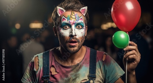 Man with unicorn face paint and cat ears holding balloons at a vibrant party.