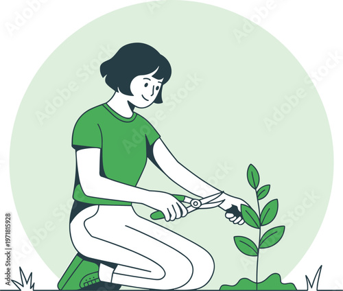 Person trimming plant flat vector illustration, eco gardening care concept design