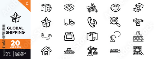 Global Shipping and Logistics Line Icons Set for E-commerce Delivery Services Freight Transportation Supply Chain Management and International Distribution Tracking Icons Pack