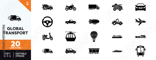 Comprehensive collection of twenty black transport silhouette icons featuring various modes of travel including air land and sea vehicles for logistics shipping and global transit needs.