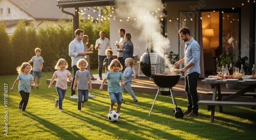 Family and friends gather for a lively backyard barbecue, with children playing soccer and adults socializing.