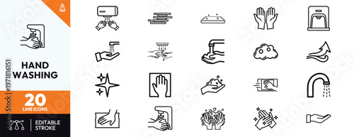 Comprehensive set of hand washing and hygiene line icons for public health and safety. Features icons for soap usage, hand drying, sanitizing, and cleaning surfaces for infection control.