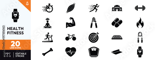 Professional set of health and fitness icons featuring workout equipment gym symbols wellness elements and sports activity graphics for digital design projects and mobile applications.