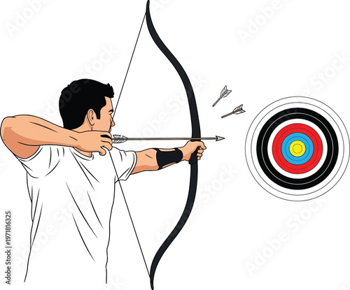 A man aiming a bow and arrow at a target demonstrating precision and focus in the sport of archery