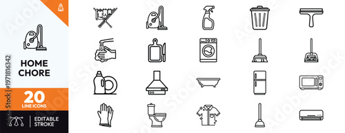 Comprehensive set of line icons representing household chores and cleaning equipment including vacuum cleaner washing machine refrigerator microwave and bathroom maintenance tools for domestic tasks.