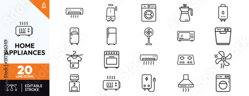 Comprehensive collection of twenty minimalist home appliance line icons featuring refrigerator washing machine microwave air conditioner stove and kitchen equipment for modern households