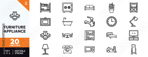 Minimalist furniture and home appliance line icon set featuring household items like bed sofa lamp television kitchen faucet microwave vacuum cleaner for interior design apps and websites.