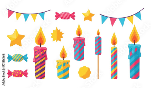 Colorful birthday candle illustration set with cute festive stars candies and party elements