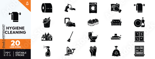 Collection of professional hygiene and cleaning icons for domestic maintenance including laundry equipment bathroom sanitation kitchen housework supplies and personal care set for graphic design.