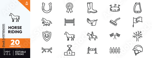 Equestrian horse riding sport linear icons set featuring jumping dressage equipment and competition symbols including saddle helmet horseshoe trophy and professional rider elements for design
