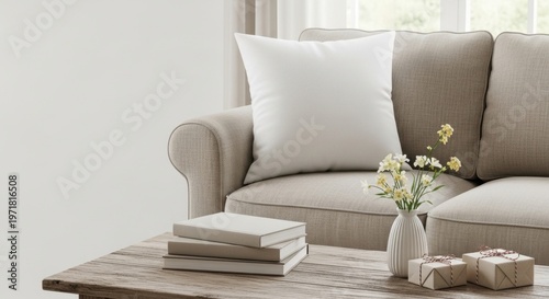 Cozy Living Room Interior with Sofa, Coffee Table, and Decor.