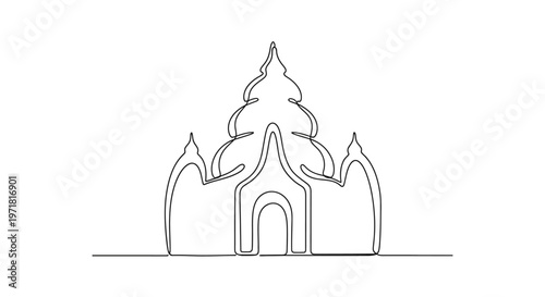 Minimalist single line drawing of a temple or pagoda with a pointed roof and arched entrance