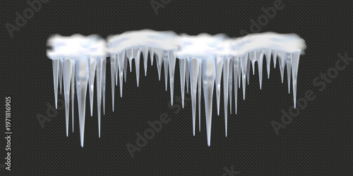 Icicles 3d realistic illustration on transparent background frozen ice dripping elements winter cold decoration high detail rendering for seasonal design projects