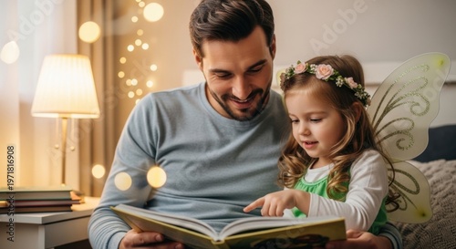 Father and daughter reading a book together at home.