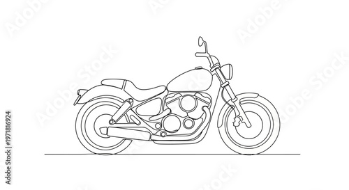 Classic Motorcycle Outline Drawing, Vintage Cruiser Bike Line Art, Retro Transport Icon