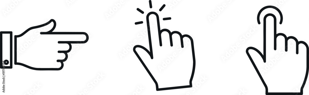 Obraz premium Hand Gesture Interaction Icon Set Featuring Pointing Finger, Tap Click, and Touch Press Symbols for User Interface, Mobile Apps, and UX Design