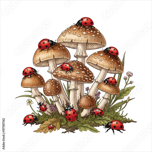A cluster of mushrooms with ladybugs on a bed of grass and berries