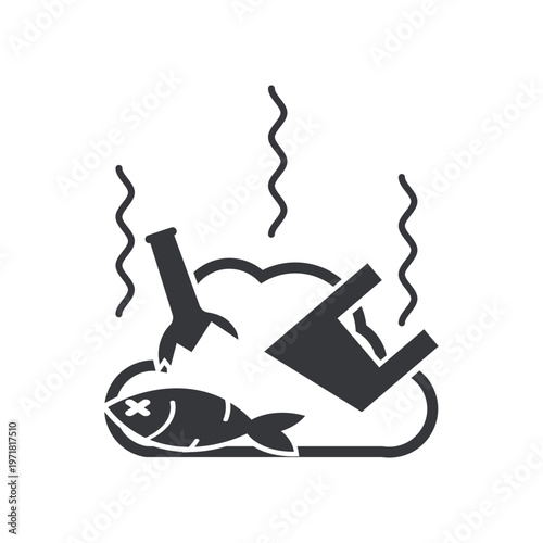 Isolated illustration of piled garbage with foul odor including plastic, dead fish, and bottles representing pollution, health hazard, and environmental contamination