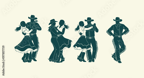Traditional Country Western Swing Dancing Couple Silhouettes for Barn Dance or Cowboy Festivals