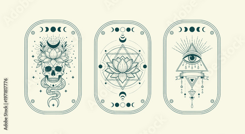 Mystical Esoteric Celestial Illustrations with Skull Lotus Eye of Providence and Moon Phases Set